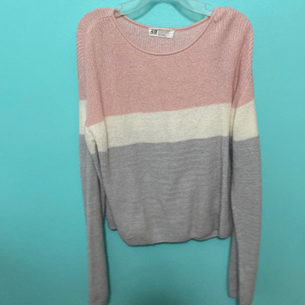 H&M pink, white, grey blocked strip crop sweater - size 10-12Y